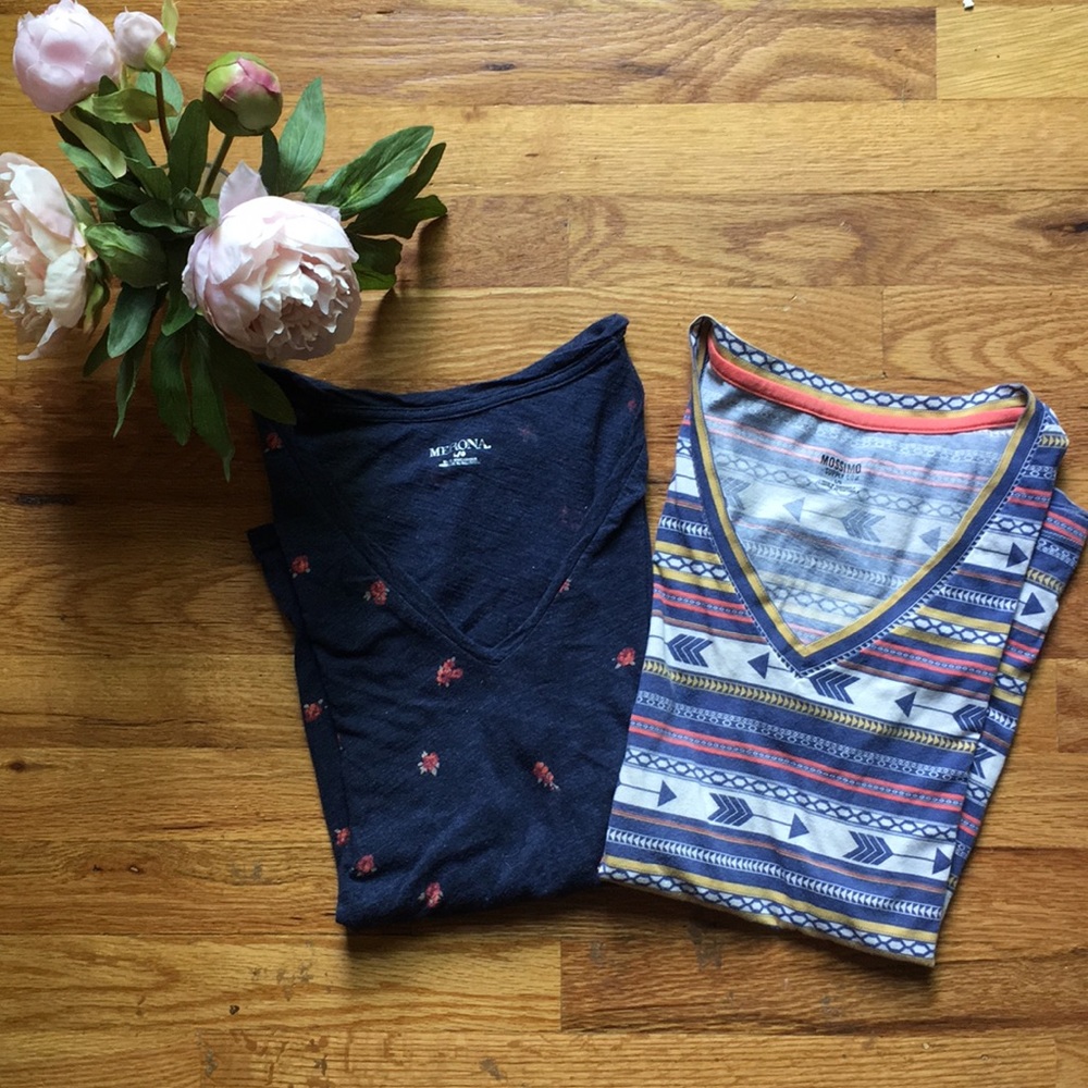 Two fun patterned V Neck t shirts